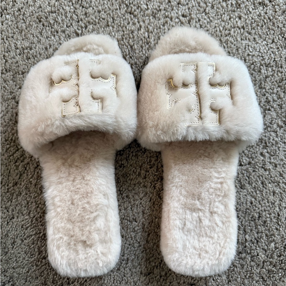 Tory Burch Cream Shearling Slippers